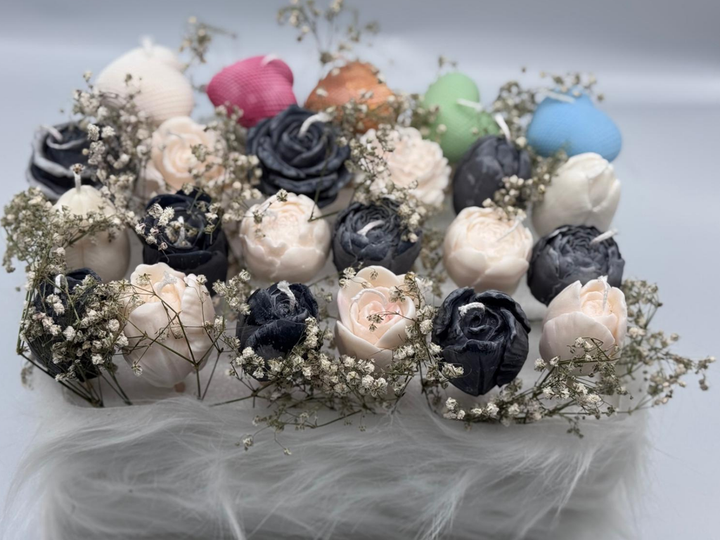 Plush gift box with colourful unique candles