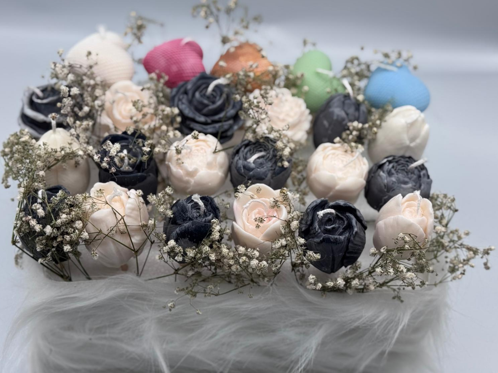 Plush gift box with colourful unique candles