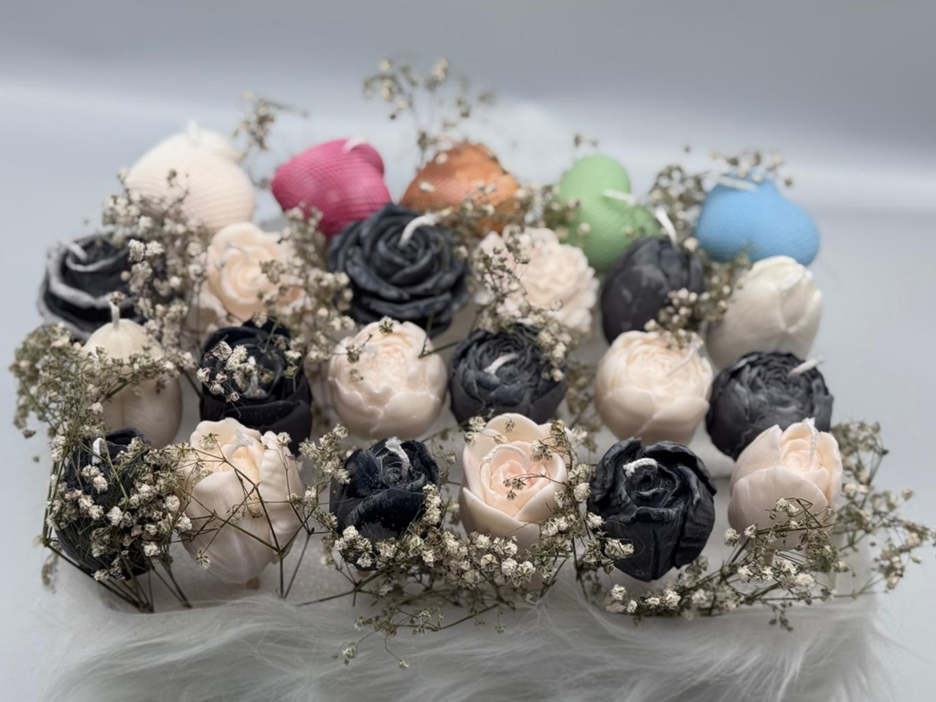 Plush gift box with colourful unique candles