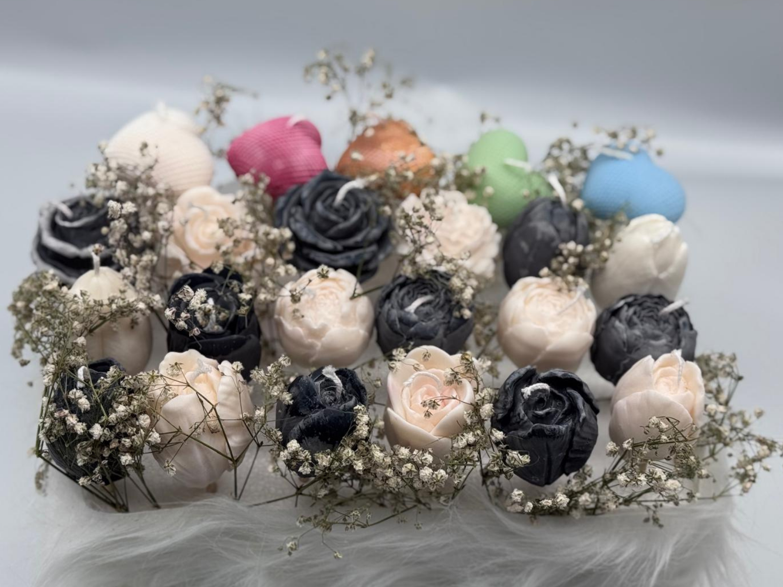 Plush gift box with colourful unique candles