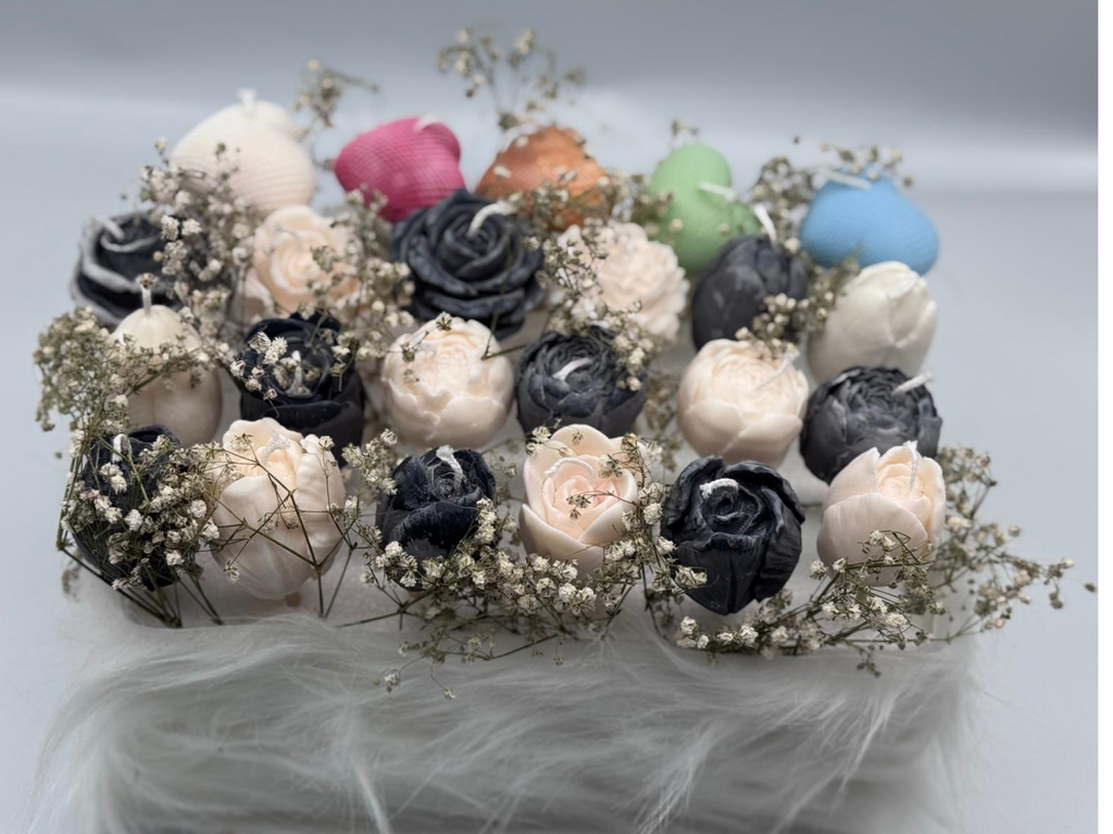 Plush gift box with colourful unique candles